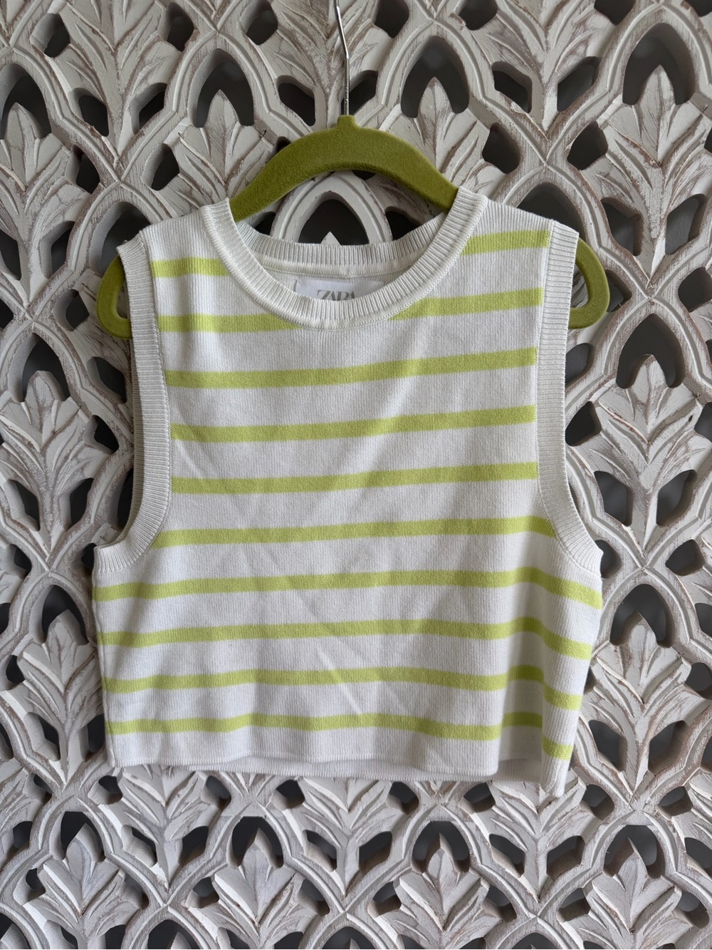 Zara White & Lime Striped Sleeveless Knit Tank